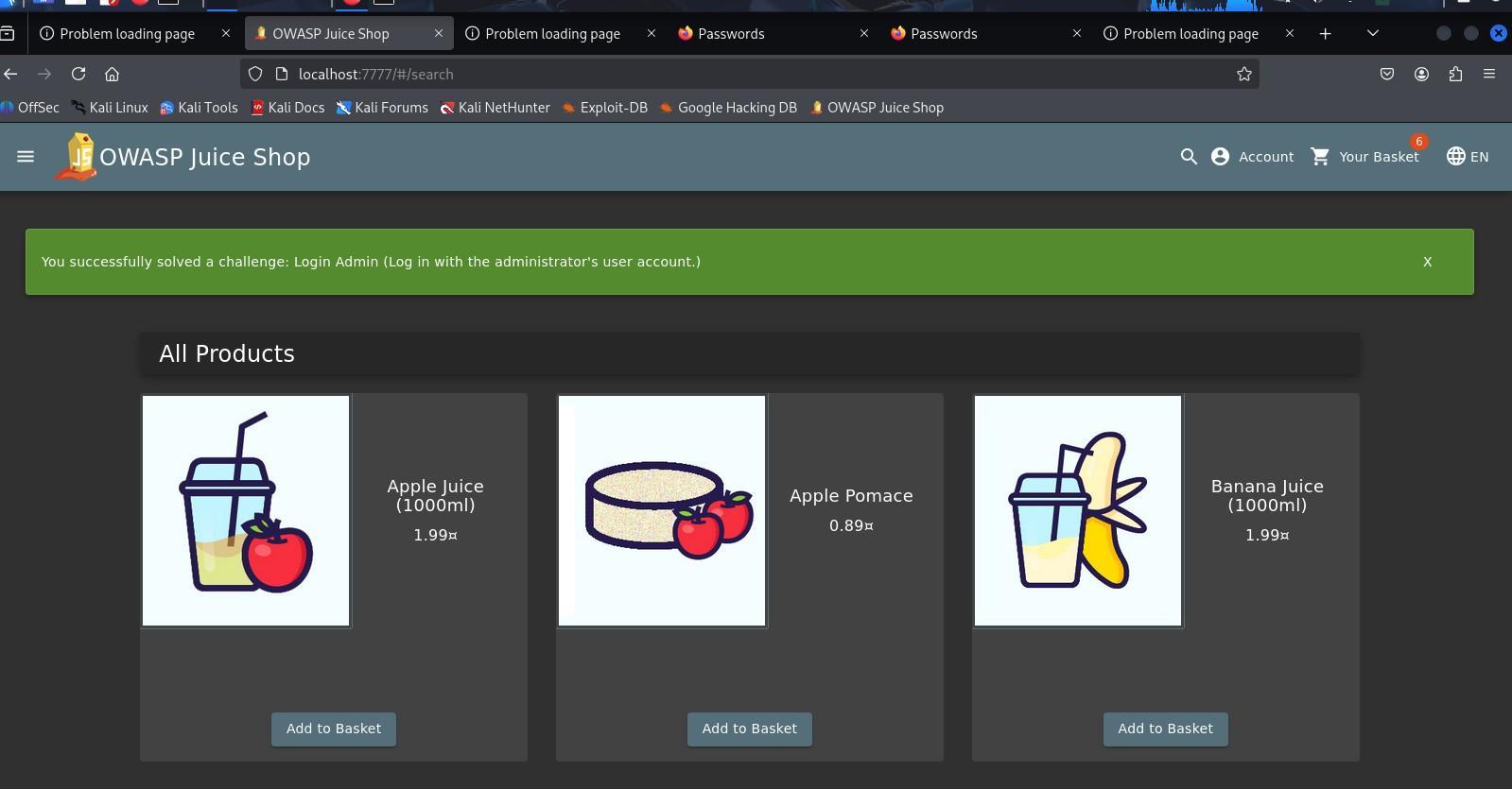 OWASP Juice Shop application during the penetration testing assessment
