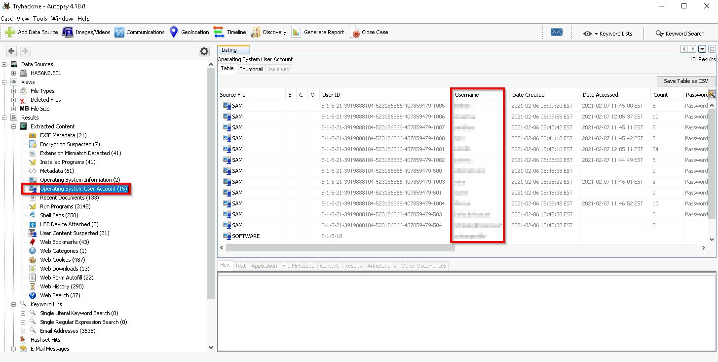 Autopsy forensic analysis view used during a disk analysis challenge
